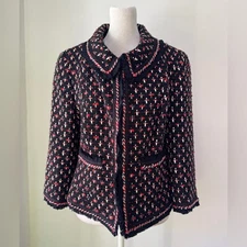 Vintage ‘90s Worth Black, White & Red Collared Hook & Eye Closure Tweed Jacket