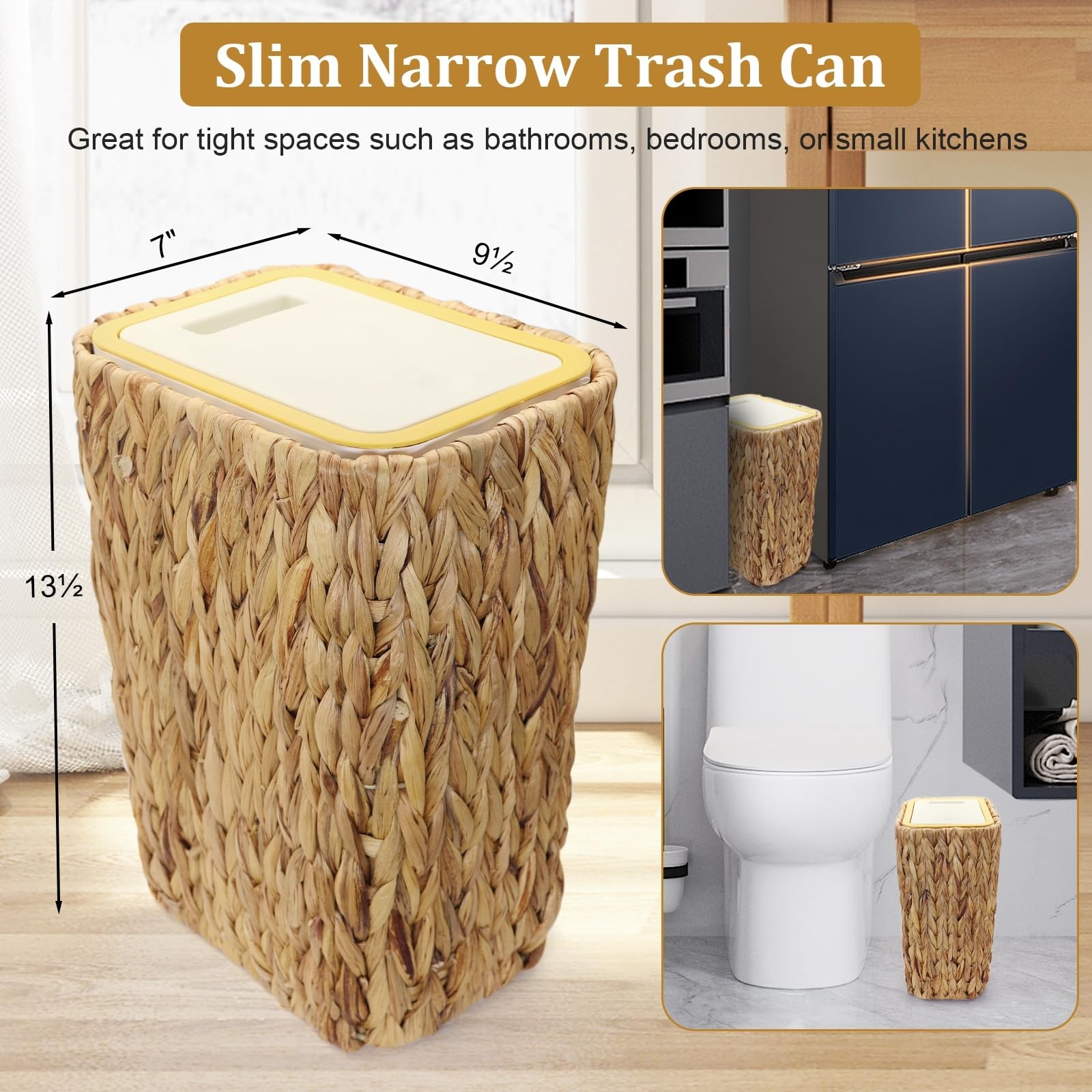Rectangular Household Items 3 Gallon Small Skinny Woven Wicker Trash Can With Press Top For ...