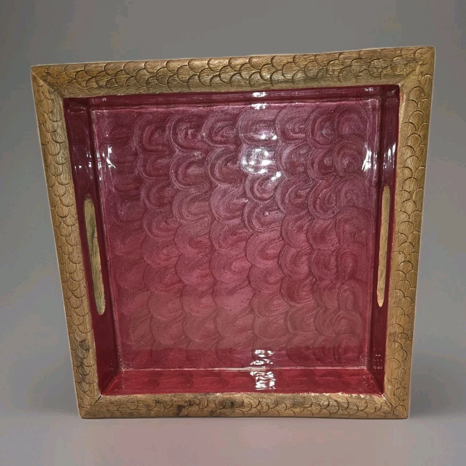 Square Wood Serving Tray Handles Fuschia Pink Carved Design 11 X 11 In +/- - Image 2 of 4