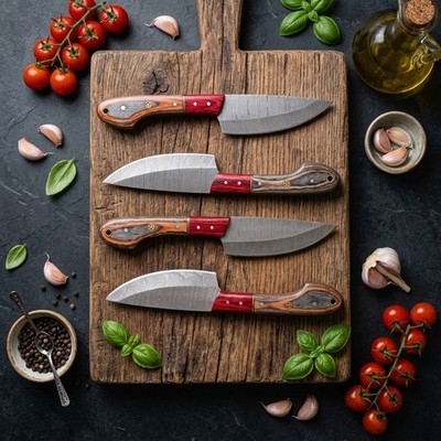 4Pcs Handmade Damascus Steel Grill, BBQ Kitchen Knife Set Chef Steak Knives Gift