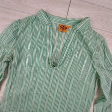 Tory Burch Tunic Top Womens 2 Green White Sequin Geometric Split V-Neck Cotton
