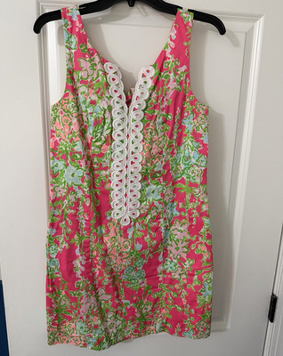 Lilly Pulitzer Women s Shift Dress Size 4 Pink Green Floral Lace V-Neck Zip