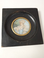 Miniature portrait ancien femme XVIIIe, peinture rétro 18ème siècle, tableau vin