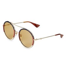 Gucci Rounds GG0061S 015 Oversized RWB Striped Sunglasses Gold Frame Brown Lens