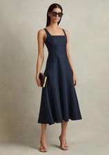 Reiss Etta marineblaues Korsett-Midikleid aus 100 % Leinen marineblau UK-Größe 8