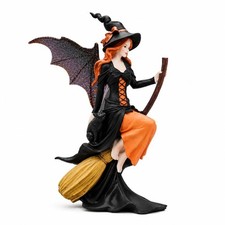 Witch Figurine 8 Inch, Gothic Fairy Statue on Broom, Orange and Black Hallowe...