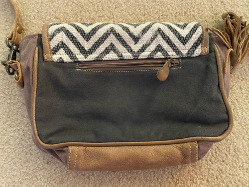 Myra Pattern Canvas & Leather Crossbody Bag Hobo Boho Cowhide Fur - Picture 7 of 8