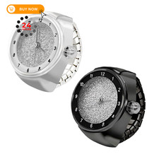Weicam 2 Pcs Unisex Simple Elastic Finger Ring Watches Round Dial Black