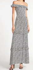 Express Maxi S Dress Black & White Ruffle Tiered Smocking Off Shoulder Resort