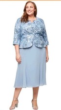 Alex Evenings Plus Size Sequinned Jacket Tea-Length Dress - Dusty Blue - 18W