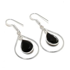 Black Spinel Pear Shape Gemstone Bezel Earring Handmade Beautiful Jewelry 1.7"