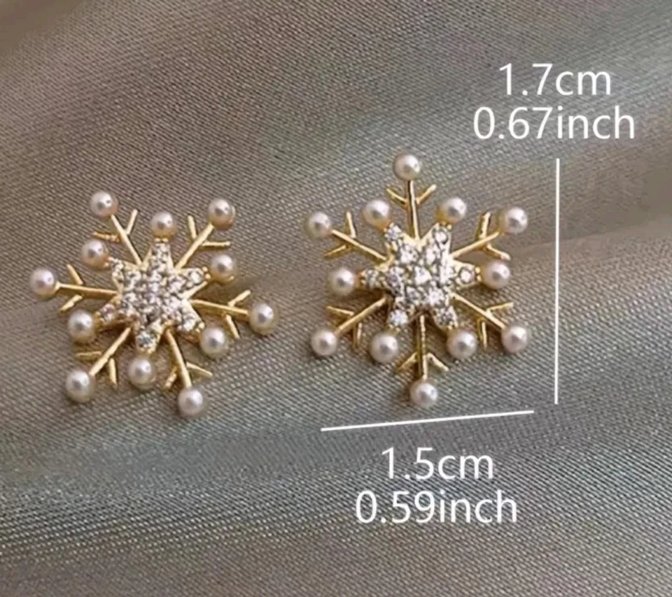 Snowflake earrings Christmas Pearl fashion jewelry NEW Free Ship 0.7 Inch - Image 2 of 2