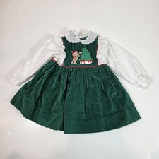 VTG Toddle Tyke Girl's Dress Green Velveteen Christmas Tree Bear Lace USA 24 mon