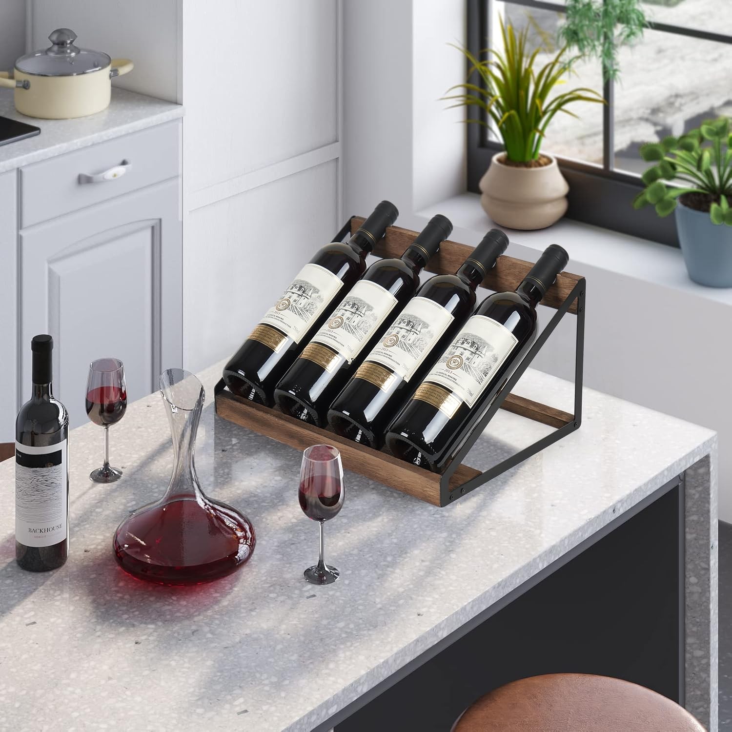 Wine Rack 4 Bottle Storage Countertop, Wooden Holder Shelf Organizer for Kitc...
