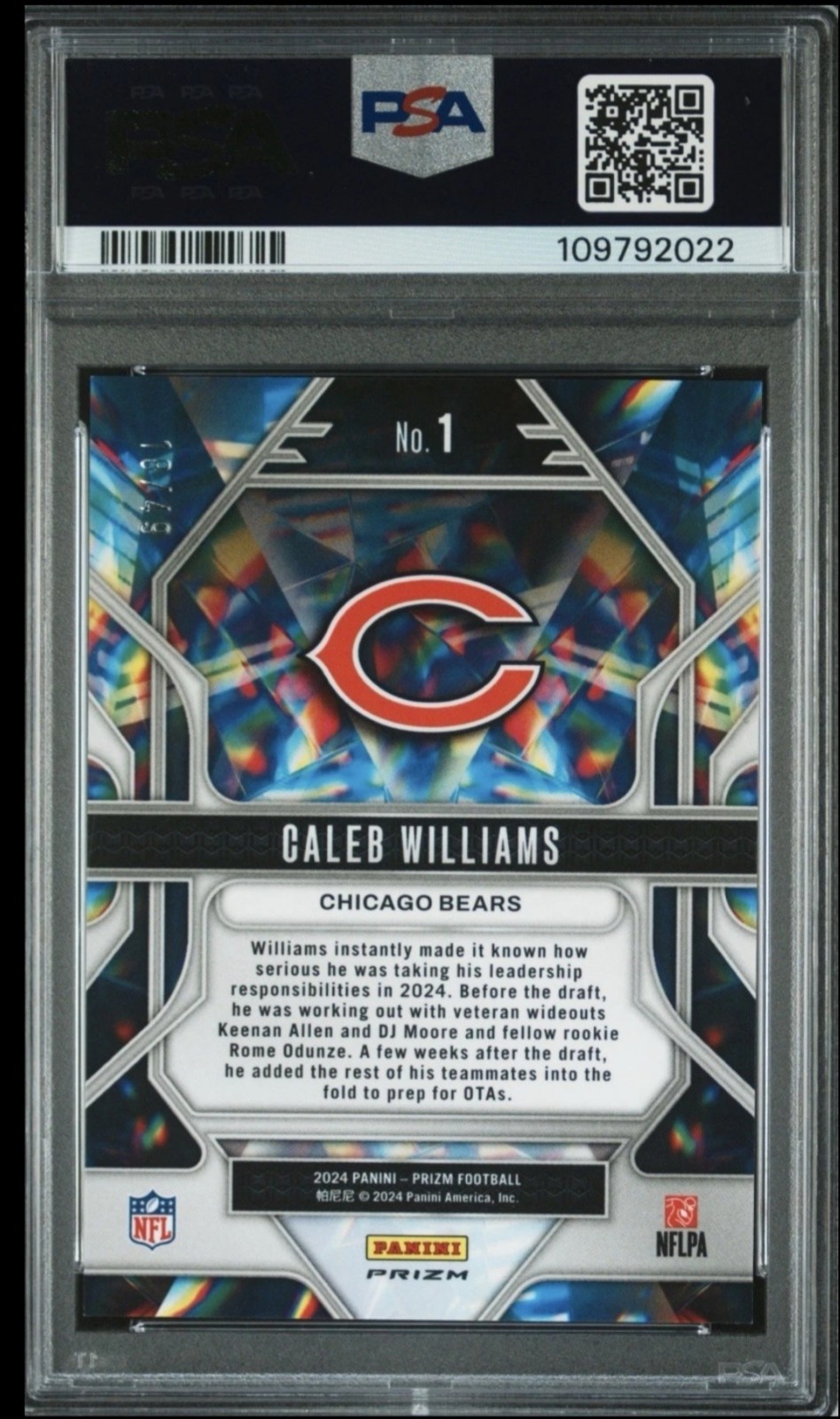 2024 Caleb Williams Prizmatic-Purple Power Jersey Number Match 18/49 PSA 9 POP 1 view 2