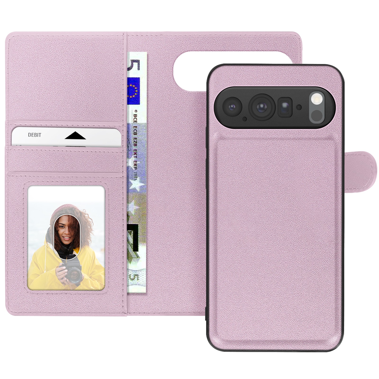 Étui Portefeuille pour Pixel 10 Pro avec Coque Magnétique Rose Détachable 2-en-1