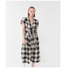 Urban Outfitters Womens Buffalo Check White Black Tie Waist Shirtdress Sz S