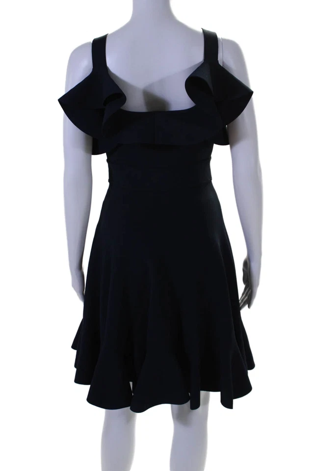 Alexander McQueen Womens Side Zip Ruffled Scoop Neck A Line Dress Navy Small - Image 3 of 4