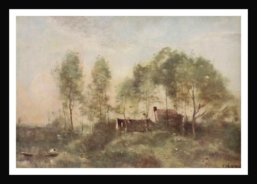 Original 1901 Jean-Baptiste Corot Antique 125 yr Old Print THE FISHERMAN'S HUT - Afbeelding 1 van 2