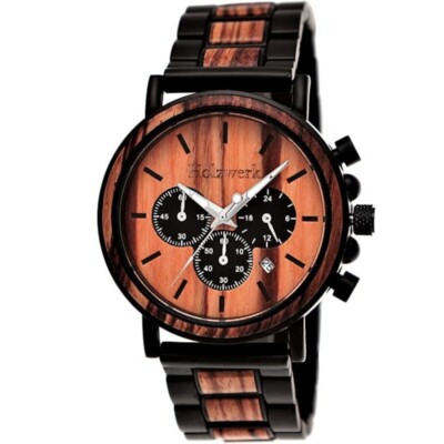 Holzwerk BERNAU Damen & Herren Edelstahl & Holz Uhr Chronograph, schwarz, rot