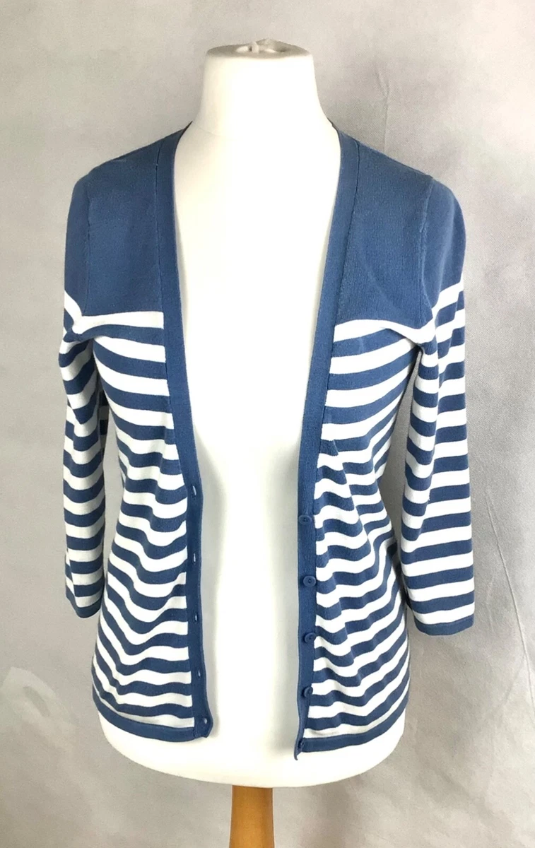 Hobbs Mid Blue White Stripe 3 4 Sleeve Fine Knit Cardigan Size