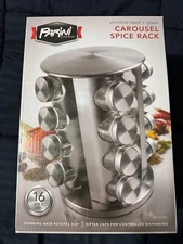 Parini Cookware Stainless Steel + Glass Carousel Spice Rack Spinning Base 16 Jar