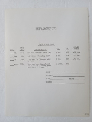 1965 AURORA Salesman Order Form 1939 LASALLE HEARSE WITH A CURSE HOT ROD TANK