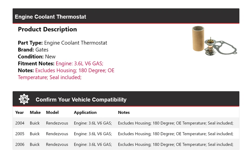 Para Buick Rendezvous 2004-2006 3,6 L V6 motor gas refrigerante termostato puertas 2005 Foto 2 de 4