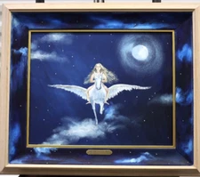 von Wening art original Girl on a Unicorn flying in space oil Painting on Board