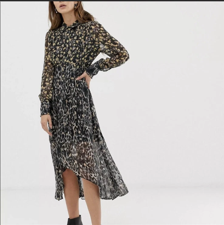 All Saints Liza Asa Dual Print High Low Midi Dress Size 4