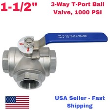 1-1/2  3-Way T-Port Ball Valve, Stainless Steel, NPT Threaded, 1000PSI