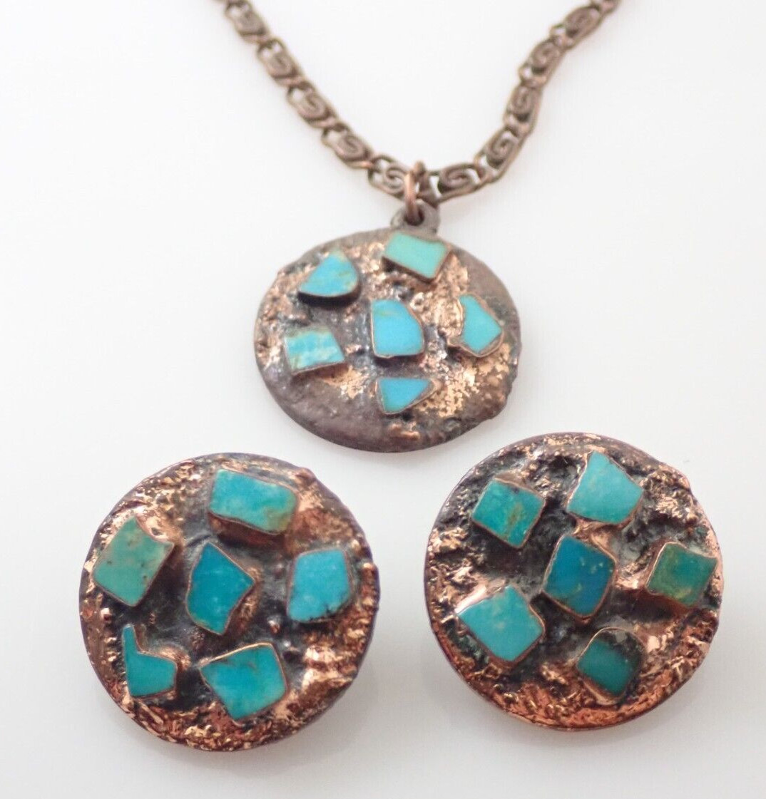 Vintage Solid Copper Bell Signed Turquoise Pendan… - image 1