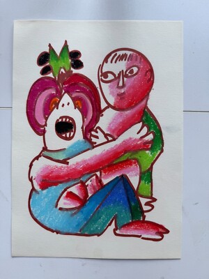 Vintage Abstract Outsider Art Figure Two Friends Illustration Postmodern 9 x 12