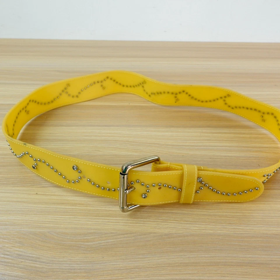 Vintage Rubber Belt M Women Yellow Stud Punk Silver Buckle Studded Jelly JAPAN - Image 3 of 4