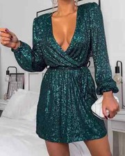 Plunge Lantern Sleeve Allover Sequins Dress
