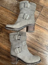 Vintage Sam Edelman Troy Suede Leather Moto Buckle Boot Womens 9.5 Stacked Lug 