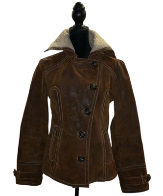 Vintage Y2K GUESS Distressed Brown Leather Shearling Lined Bomber Jacket S