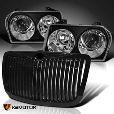 Fits 2005-2010 Chrysler 300 Black Projector Headlights+Vertical Hood Grille
