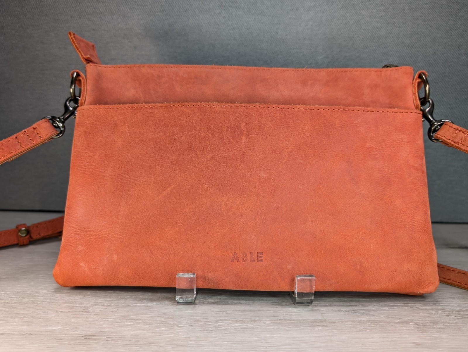 ABLE Raw Leather Crossbody Bag / Purse Top Zip Multiple Pockets 11" x 7" 