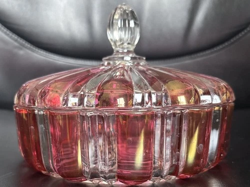 Vintage Anchor Hocking Old Cafe cranberry and clear glass covered candy dish