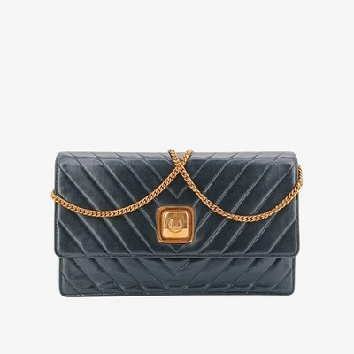 CHANEL Vintage Black Lambskin Chevron Push Lock Flap Bag