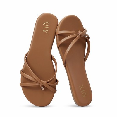 's Cognac Brown Lightweight Flip Flops Slide Sandals Minimalist Knot Faux Lea...