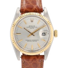 Rolex Oyster Perpetual Date 1501 Two-Tone Silver Dial Brown Leather 34mm Watch
