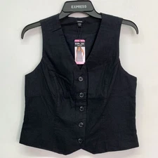 Express Women's Vest S Classic Fit V-Neck Button Up Linen Vest Black Size S