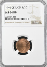 Ceylon 1940 1/2 Half Cent NGC MS 64 RB Uncirculated