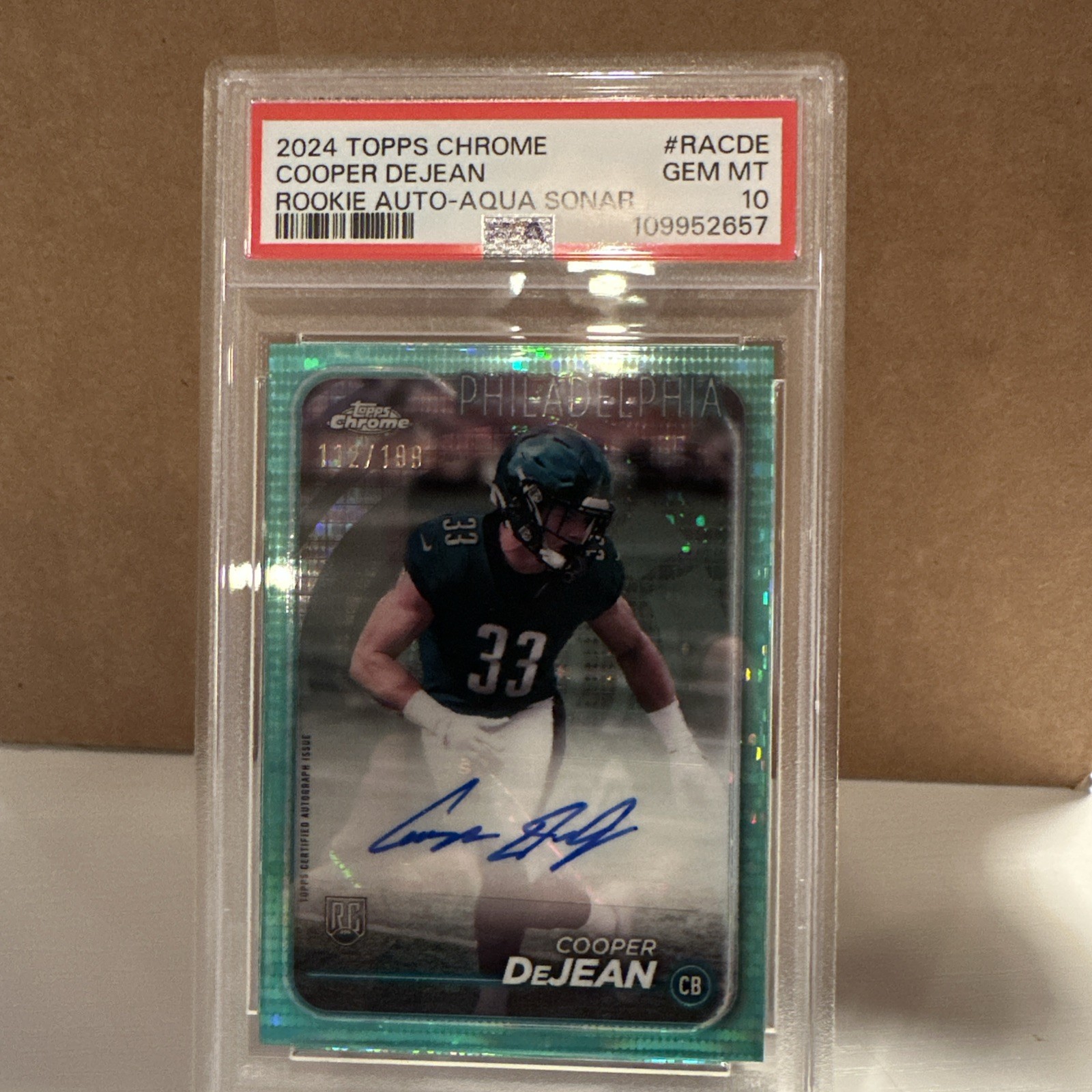 2024 Topps Chrome COOPER DEJEAN RC Aqua Sonar Auto 112/199 PSA Gem Mt 10