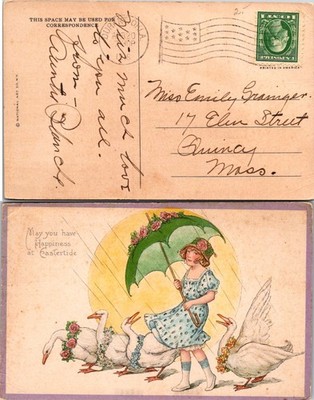 Vintage Postcard May You Have Happiness at Easter Time girl umbrellas and geese