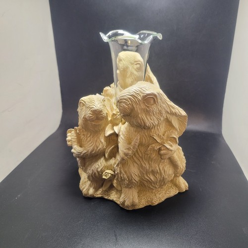 Statuina coniglietti primavera 3 conigli vetro e resina fiore bocciolo vaso vintage NOS - Foto 2 di 20