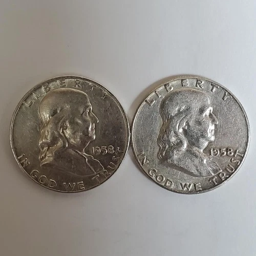 1958 P&D Franklin Half Dollars 90% SILVER (2 Coin Set) ***Exact Coins*** #00-75