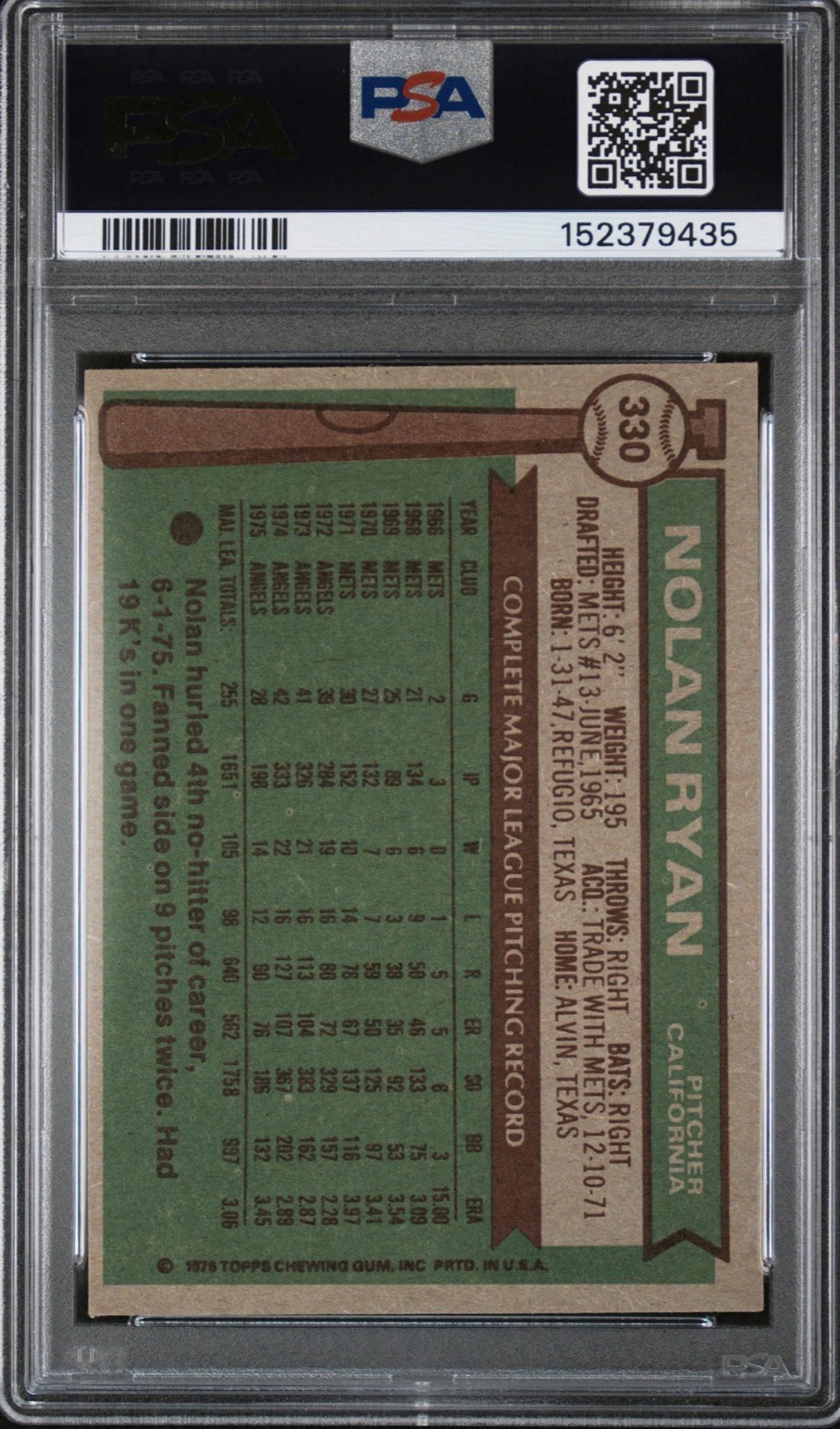 1976 Topps PSA 6 EX-MT Nolan Ryan #330 Newly Graded Great Color! view 2